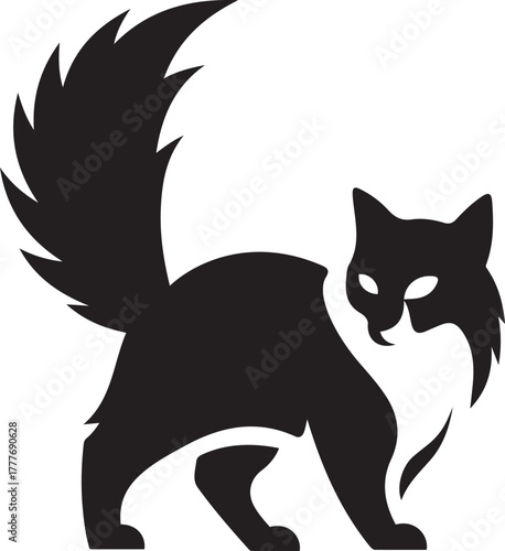 Black stylized cat with a bushy tail walking on a white background, Elegant cat walking silhouette minimal design