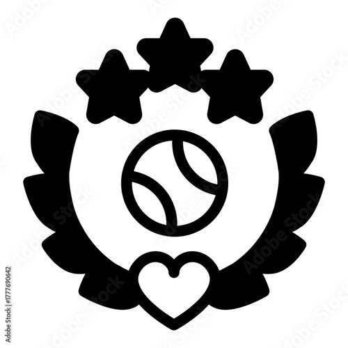 Ball on wreath emblem solid icon, baseball game concept. Vector graphics. Baseball ball with branches, heart and stars sign on white background, style icon mobile or web design.