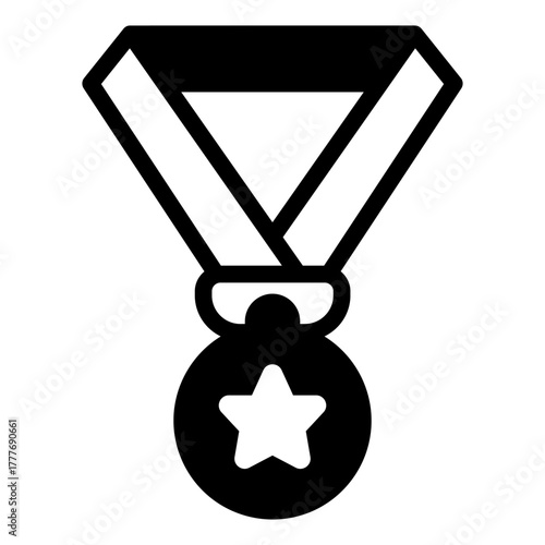 Winner medal with ribbon solid icon, baseball game concept. Vector graphics. Medal with star, sport award sign on white background, style icon mobile or web design.