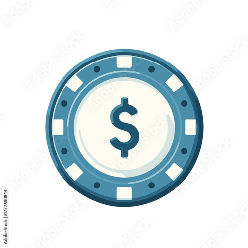  Casino chip with dollar symbol in blue and white, vector illustration on transparent background
