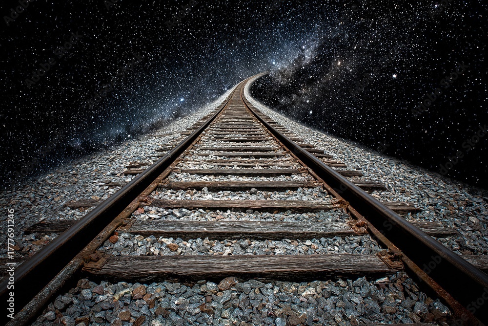 Fototapeta premium Railroad tracks stretch into a starry night, creating a surreal journey through the cosmos