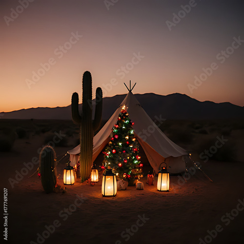 Desert Holiday Magic: Cozy Glamping Tent Decorated for Christmas at Sunset

