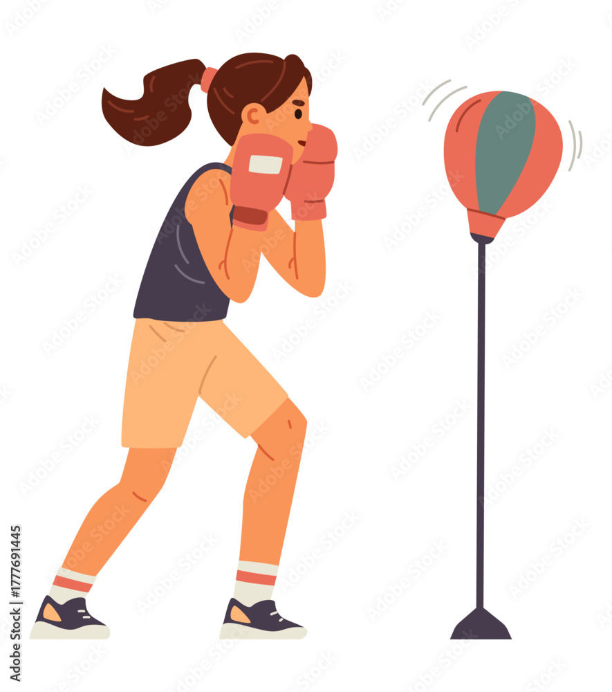 Fototapeta premium Teenage girl boxing flat vector illustration isolated on white. Kid in sports uniform and boxing gloves hits a punching bag.