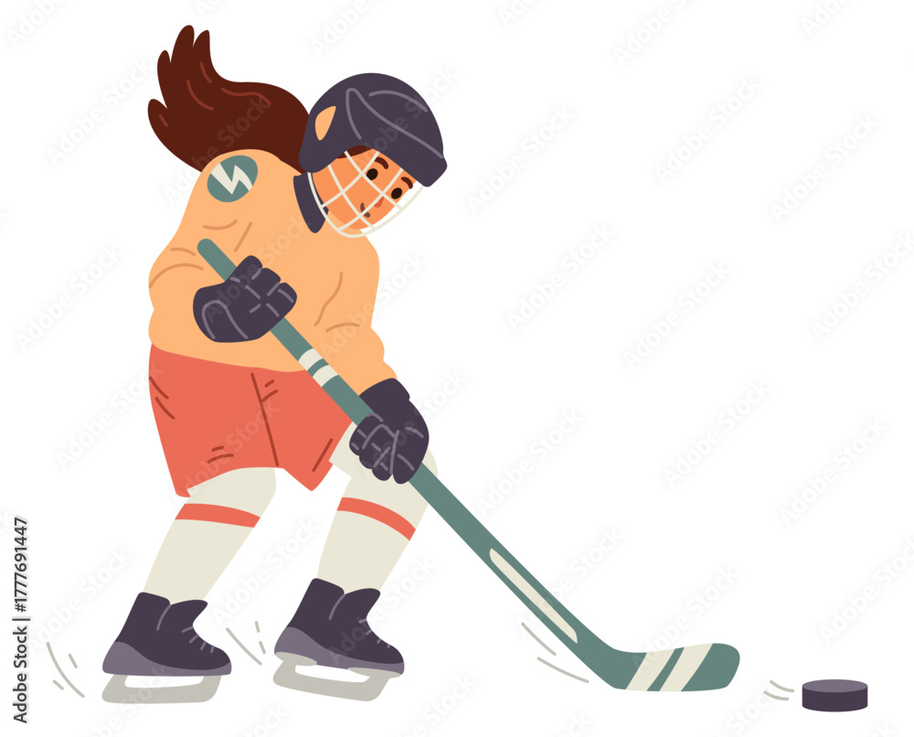 Obraz premium Girl playing ice hockey flat vector illustration isolated on white.