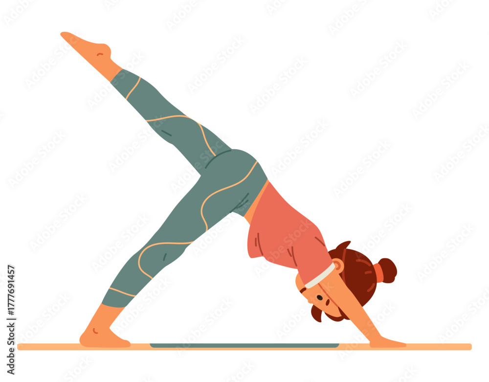Fototapeta premium Girl doing yoga on a mat flat vector illustration isolated on white.