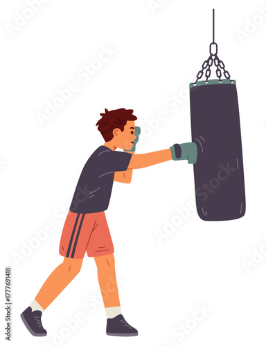 Teenage boy boxing flat vector illustration isolated on white. Kid in sports uniform and boxing gloves hits a punching bag.