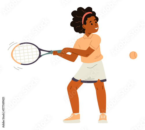African American girl in sports uniform playing tennis flat vector illustration isolated on white.