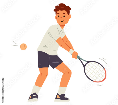 Boy in sports uniform playing tennis flat vector illustration isolated on white.