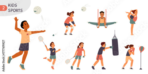 Boys and girls doing different sports flat vector illustrations set. Kids doing volleyball, gymnastics, badminton, boxing.