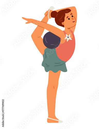 Cute girl doing rhythmic gymnastics with the ball flat vector illustration isolated on white.