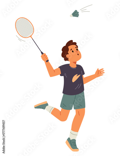 Boy in sports uniform playing badminton hitting the shuttlecock flat vector illustration isolated on white.