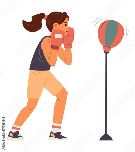 Teenage girl boxing flat vector illustration isolated on white. Kid in sports uniform and boxing gloves hits a punching bag.