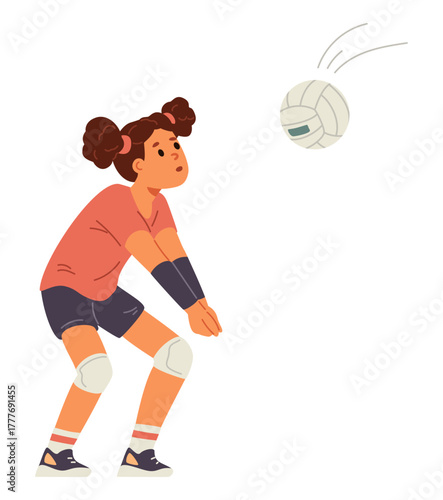 Girl in sports uniform playing volleyball flat vector illustration isolated on white.