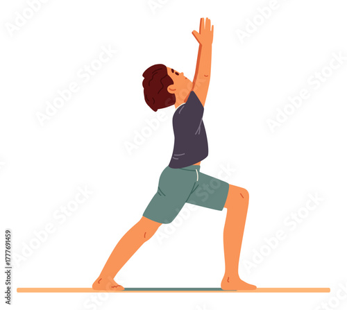 Boy doing yoga on a mat flat vector illustration isolated on white.