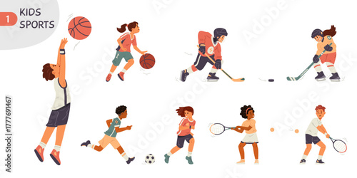 Boys and girls doing different sports flat vector illustrations set. Kids doing basketball, hockey, football, tennis.