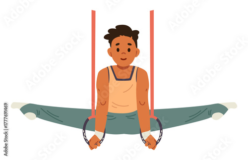 Asian boy doing rhythmic gymnastics using rings flat vector illustration isolated on white.