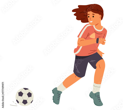 Teenage girl in sports uniform playing football running with the ball flat vector illustration isolated on white.