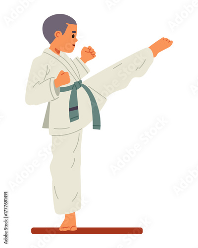 Boy in a kimono doing karate flat vector illustration isolated on white.
