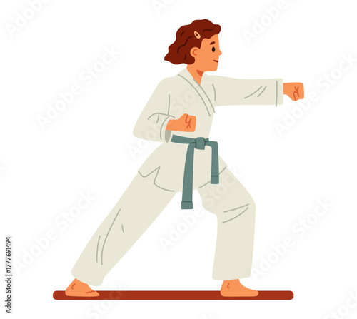 Girl in a kimono doing karate flat vector illustration isolated on white.