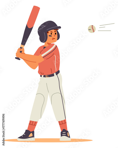 Boy in helmet and sport uniform holds baseball bat playing baseball flat vector illustration isolated on white.