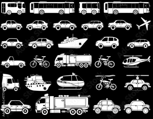 A large collection of black and white outline vector icons of various modes of transport: cars, buses, trucks, boats, bicycles, helicopters, and airplanes, displayed on a black background, ideal for k