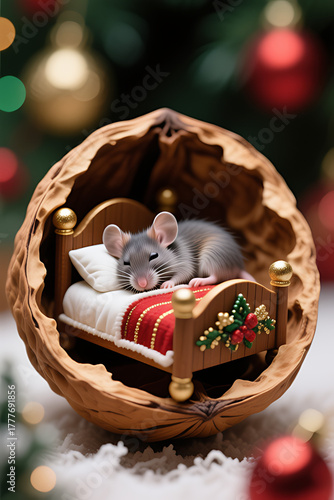 Adorable Holiday Mouse: Tiny Creature in a Festive Walnut Shell Christmas Home

