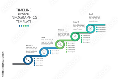 Timeline diagram infographics template with 5 steps. Infographic template which can be used for presentations banners, workflow layout, annual report, web design.
