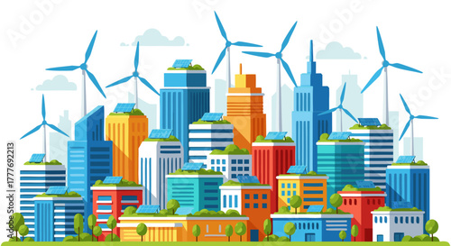 Sustainable Cityscape Buildings, Solar Panels, Wind Turbines, and Eco-Friendly Urban Design