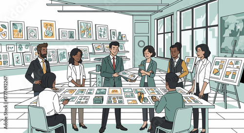 Creative Team Brainstorming Designs In Modern Office Setting