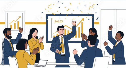 Diverse Business Team Celebrating Sales Success With Graph And Champagne