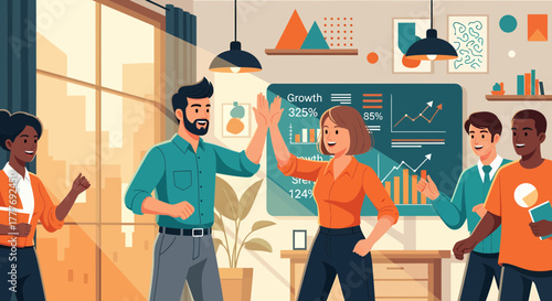 Diverse Business Team Celebrating Success With Growth Chart Together