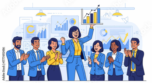 Diverse Team Celebrates Business Success With Upward Graph