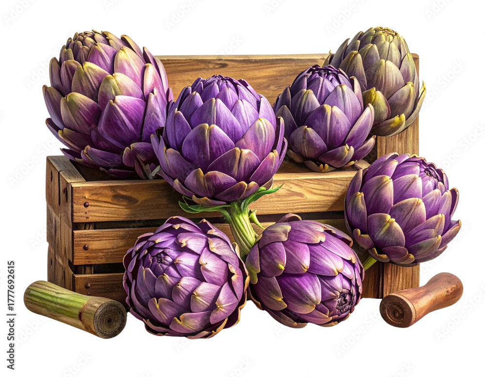 Fototapeta premium Fresh purple artichokes arranged in a wooden crate
