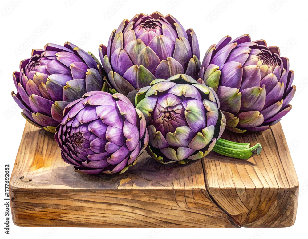 Fototapeta premium Fresh purple artichokes arranged on a rustic wooden board