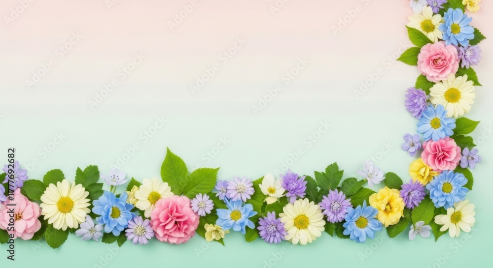 Fototapeta premium Floral arrangement with pastel flowers and green leaves on a gradient background design element