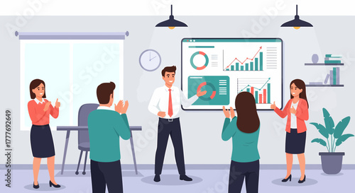 Positive Business Presentation With Data Charts Meeting At The Office