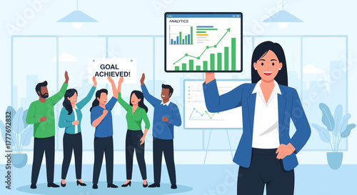 Successful Business Team Celebrating Achieving Goals With Data Analytics