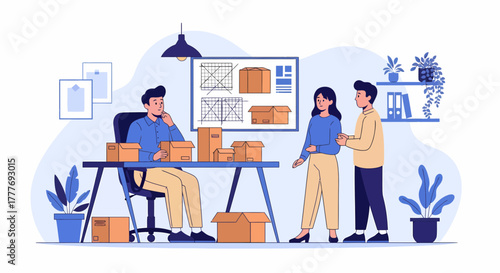 Team Discussing Package Design In An Office With Plants And Boxes