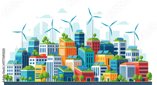 Sustainable city skyline with renewable energy sources and green buildings