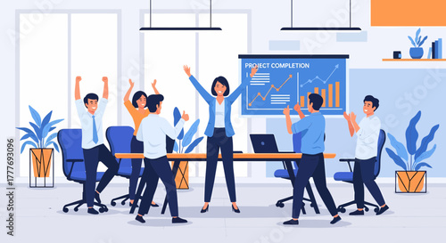 Victorious Team Celebrates Project Success In Modern Office Environment