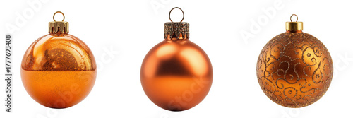 Three Copper Christmas Ornaments isolated on a transparent background