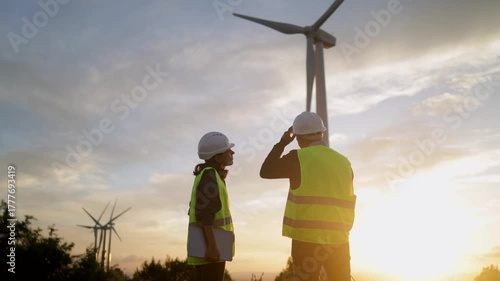 Two engineers in hard hats and safety vests review laptop data at a wind farm at sunset, collaborating on renewable energy projects and sustainable development planning and inspection