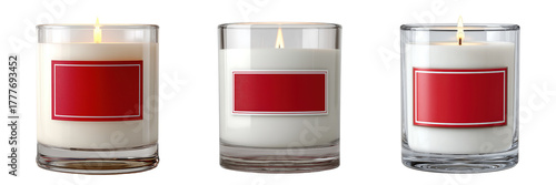 Three glass candles with red labels isolated on a transparent background