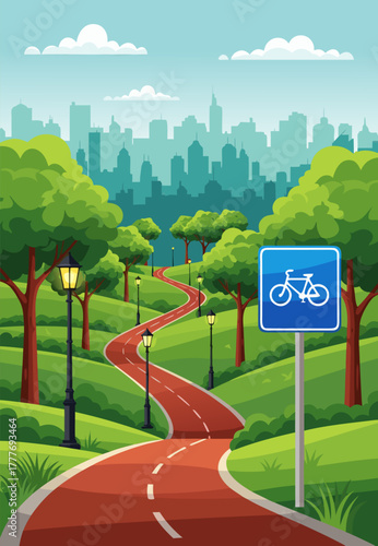 Scenic Bike Path Through a Green Park Leading to City Skyline