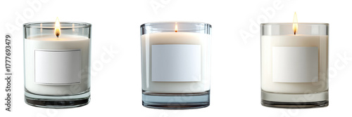 Three glass candles with white labels isolated on a transparent background
