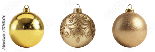 Three gold Christmas ornaments isolated on a transparent background