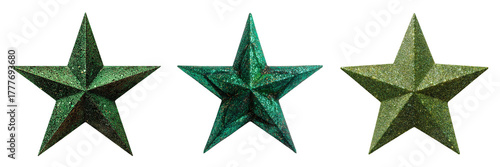 Three Glittery Green Stars isolated on a transparent background