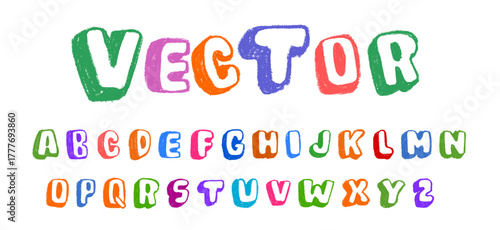Volumetric 3d Fat Kids Style Font Crayon Chalk Drawing Doodle Vector Set