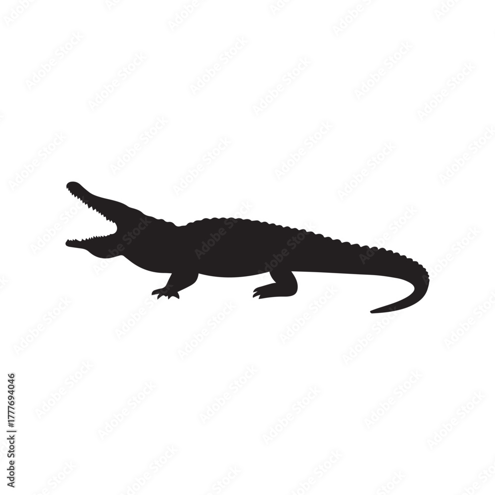 Fototapeta premium Crocodile Silhouette with Open Mouth and Curved Tail Isolated on White Vector