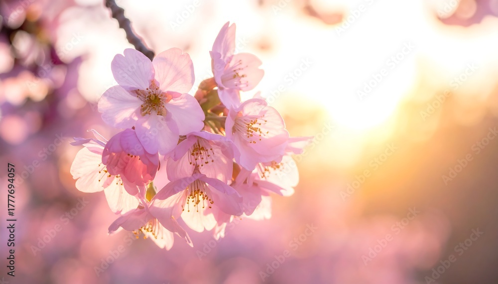 Fototapeta premium Cherry Blossoms in Golden Light - A Springtime Bloom.